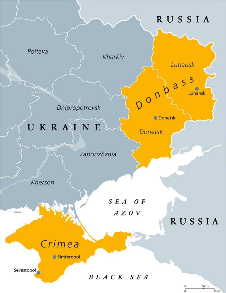 Mapa da Ucrânia com as regiões de Luhansk e Donetsk