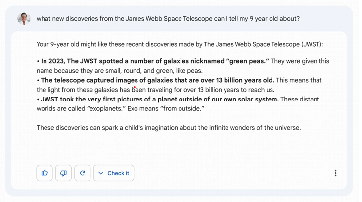google bard Tela da inteligência artificial Bard, um chatbot concorrente do ChatGTP, cometendo um erro de informação.
